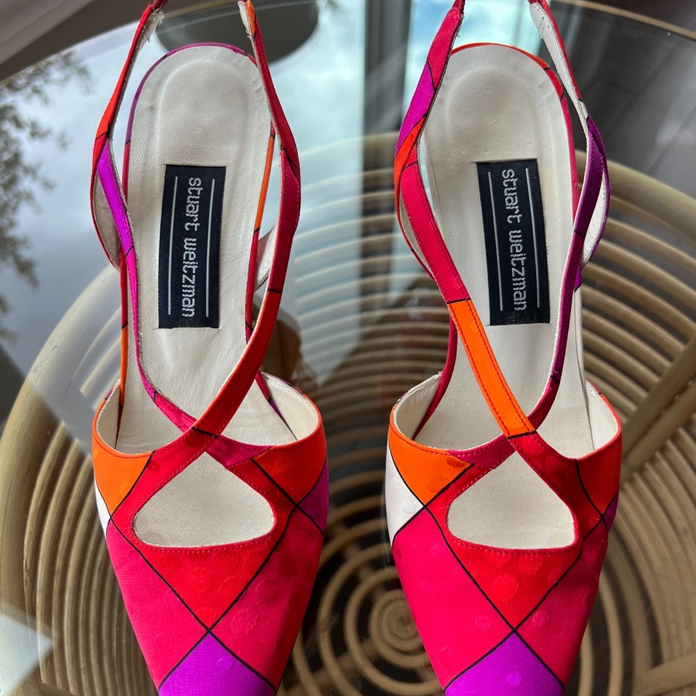 Stuart Weitzman fabric dress pumps, sling back.